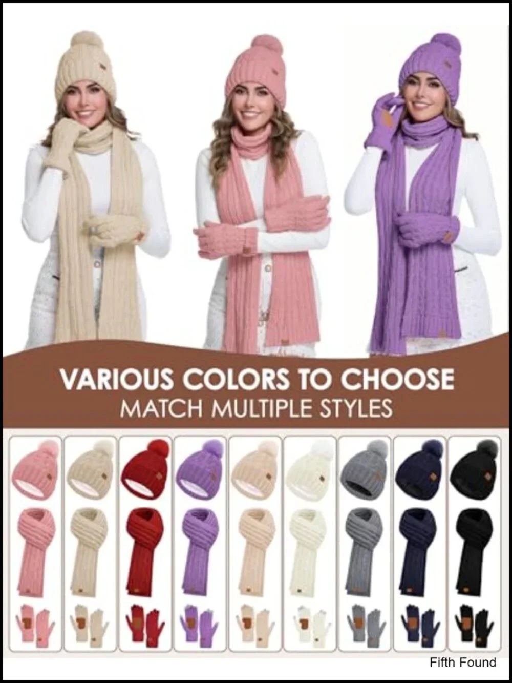 Fleece Lined Knitted Beanie Hat Long Scarf Touchscreen Gloves 3 Piece Winter Set